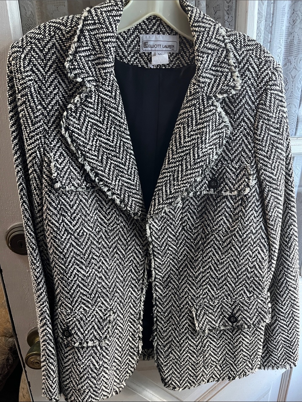 Elliott Lauren Women’s Blazer Jacket 12 Herringbone Pattern Black/White